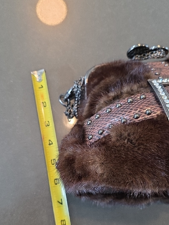 Brown Mink and Snake-Texture Evening Bag with Rhinestone Buckle & Kiss Closure - Picture 15 of 16